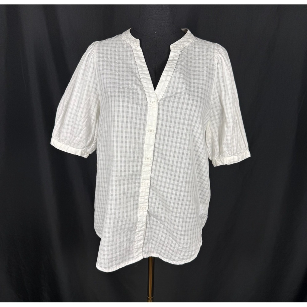 PopSugar White Windowpane 100% Cotton Puff Sleeve Blouse Sz M Coastal Style